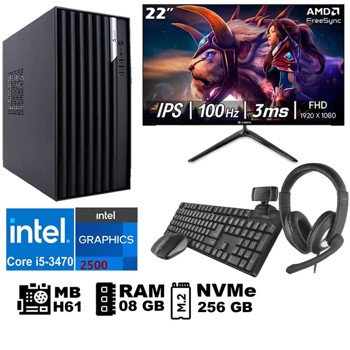 Computadora Pc Intel Core i5-3470 Monitor 22" fhd' RAM 08 GB SSD256 GB WEB CAM