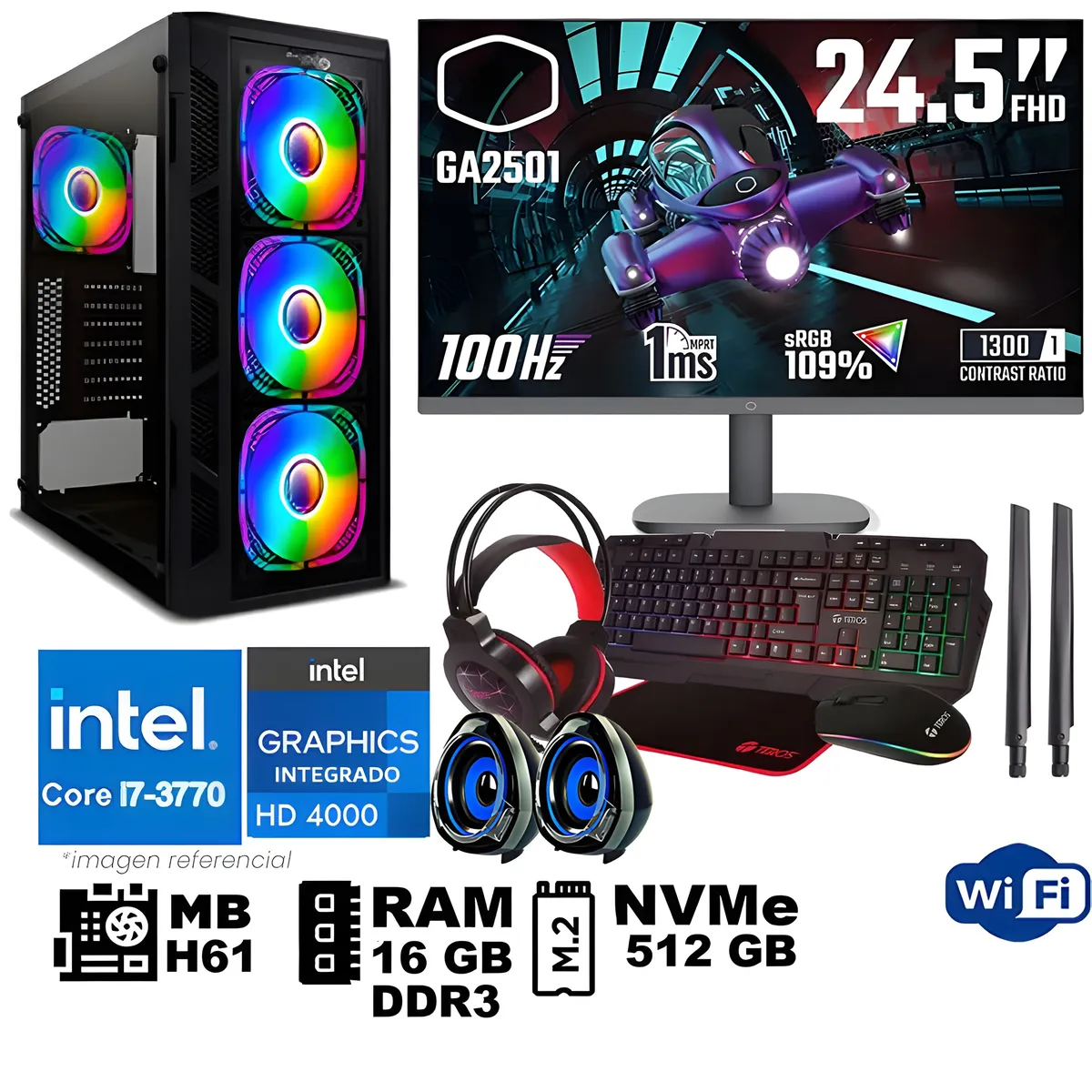 Computadora Pc Intel Core i7-3770 Monitor 25" fhd' RAM 16 GB SSD 500 GB WIFI
